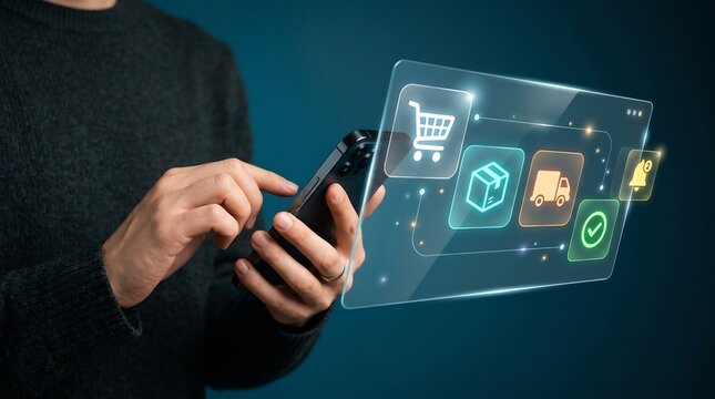Person using smartphone with e-commerce interface showing shopping cart and delivery icons