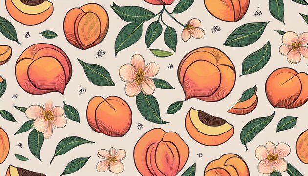 vintage seamless pattern peach fruit trendy seamless pattern with peaches fruit background with hand drawn peaches flowers and leaves modern abstract design for paper cover fabric