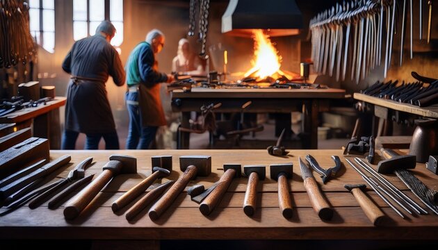 blacksmith tools sit arranged on a wooden workbench while skilled laborers work on glowing metal projects in the background of the busy forge shop