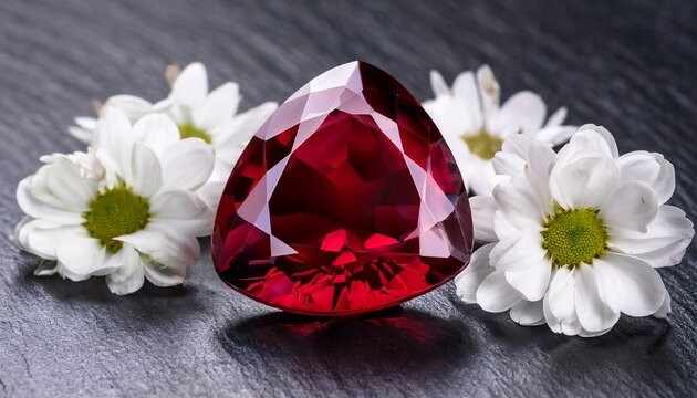 vibrant ruby gemstone with white flowers on dark slate plate