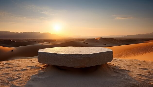 empty stone podium for product display in desert landscape at golden hour