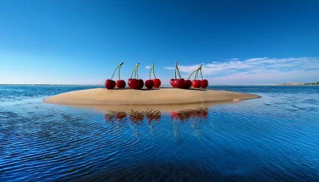 cherries featuring unique artistic finishes rest on a secluded sandbar in the middle of a vast body of water under a clear blue sky