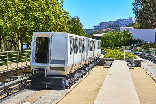 Modern Tram at Getty Center Surrounded by Trees and Contemporary Architecture Los Angeles