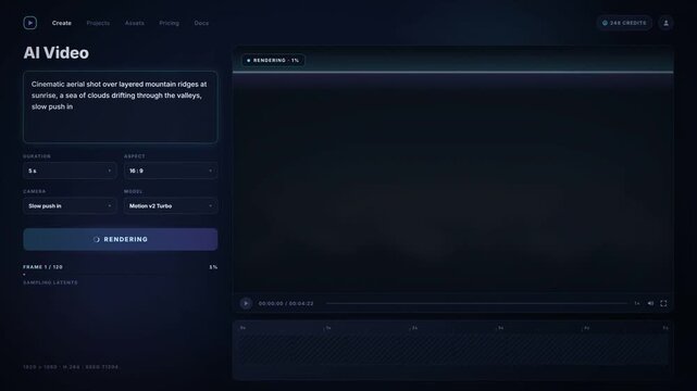 AI video generator interface animation with prompt input rendering progress and preview playback