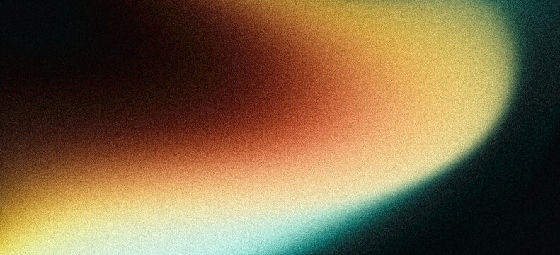 Grainy gradient color flow teal orange red yellow blurred shape on black background, vibrant glowing grain texture abstract backdrop for digital wallpaper, web banner, poster or website header design