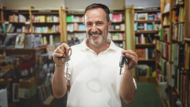 Man holds handcuffs and car keys with both hands amid crowded bookstore shelves inside a building; relief resolution.