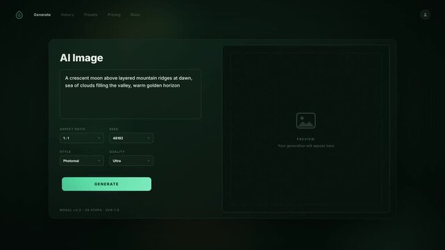 AI image generator interface animation with prompt input denoising steps and landscape result