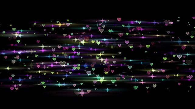 Colorful Glowing Hearts And Diamonds Floating With Vibrant Horizontal Light Streaks On A Black Background, Festive Romantic Particle Animation For Valentines Day Celebration, Abstract Magical Neon Fla