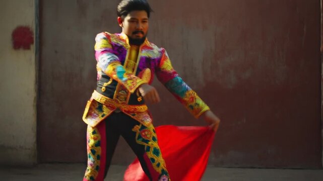 Matador in vibrant embroidered traje de luces performing dramatic cape pass with charging bull