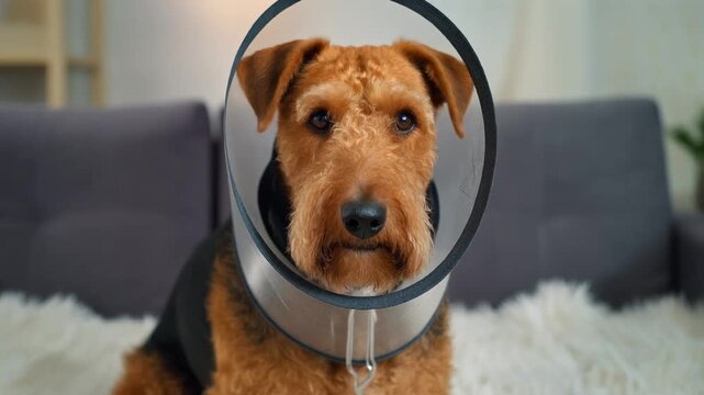 Airedale terrier wearing protective e-collar recovers indoors on soft neutral backdrop
