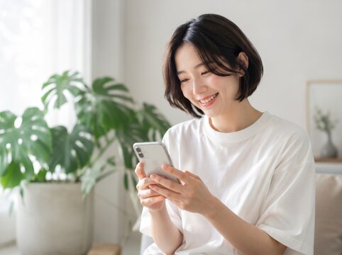自宅のリビングでリラックスしながらスマートフォンを見て微笑む若い女性。SNS、オンラインショッピング、ライフスタイルのコンセプト。明るい室内と観葉植物