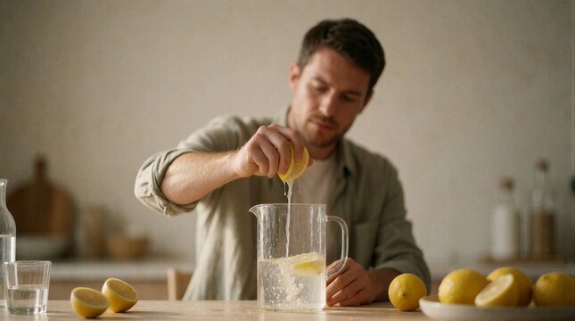 A focused man squeezing fresh lemon juice into a glass pitcher of water in a bright kitchen setting.