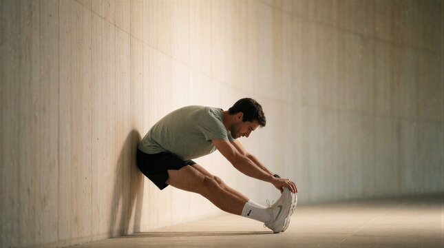 A fit male athlete performing a deep hamstring stretch against a concrete wall in a minimalist gym setting.