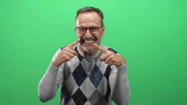 Man wearing argyle sweater and glasses points index fingers to his smiling cheeks showing teeth in studio green screen setup; playful joy.