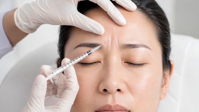 Asian woman receiving glabellar cosmetic injection in clinic