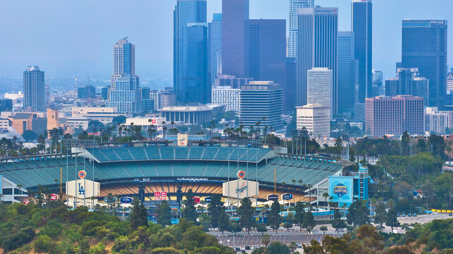 Aerial Dodger Stadium and Los Angeles Skyline California Urban Cityscape