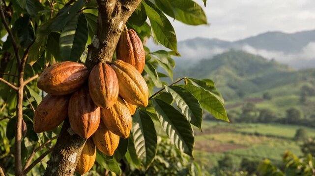 Bunch of ripe brown and yellow cacao pods hanging from a cacao tree, 4K video