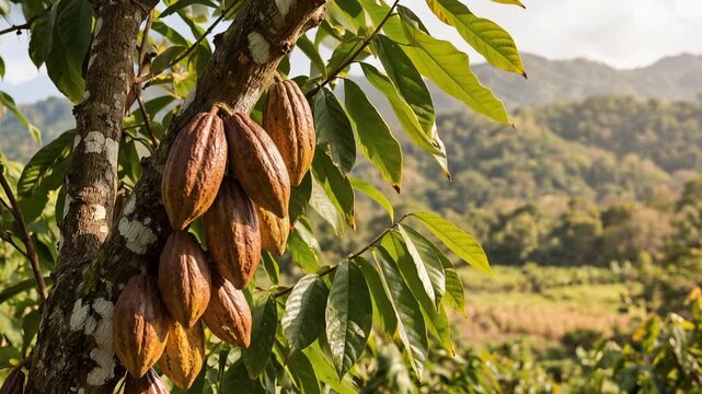 Bunch of ripe brown and yellow cacao pods hanging from a cacao tree, 4K video