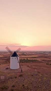 Aerial view of don quixote windmill at sunset in la mancha spain