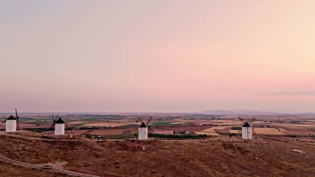 Aerial view of don quixote windmills at dusk in spain