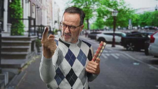 Man holding stacked books with clenched fist raised in a fist pump gesture on street; triumph learning.