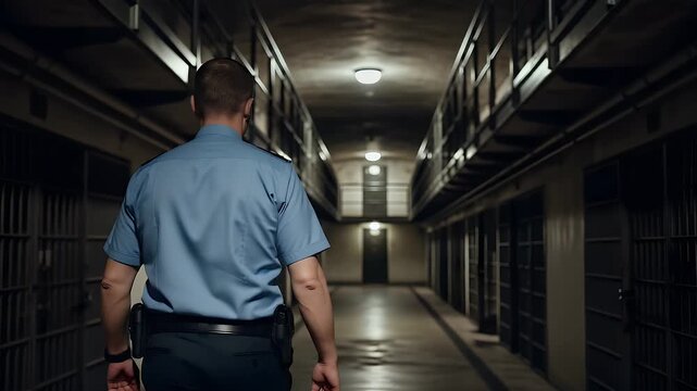 Guard patrols a dimly lit prison corridor lined with cells, emphasizing the confinement and control of a correctional facility.