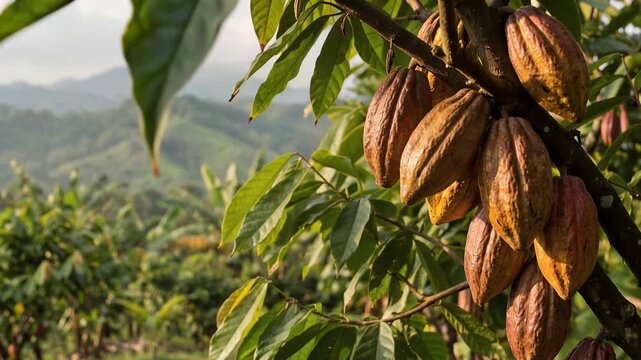Bunch of ripe brown and yellow cacao pods hanging from a cacao tree, 4K video