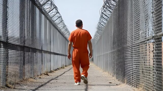 Prisoner wearing bright orange jumpsuit walking away slowly along a narrow concrete path between two high security fences topped with dangerous sharp rolls of coiled razor wire