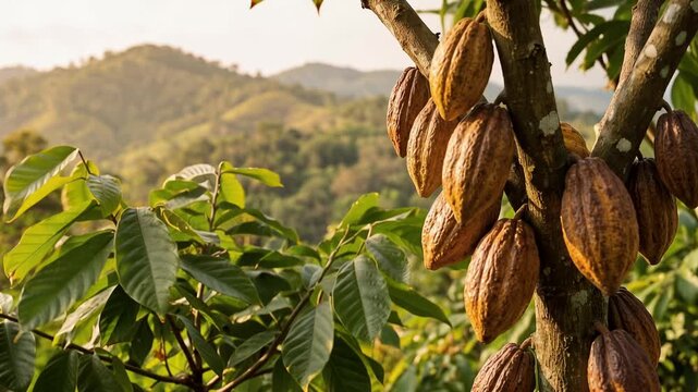 Bunch of ripe brown and yellow cacao pods hanging from a cacao tree, 4K video
