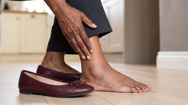 Diabetes care: Black adult touches swollen ankle, raising awareness of edema and diabetic foot health