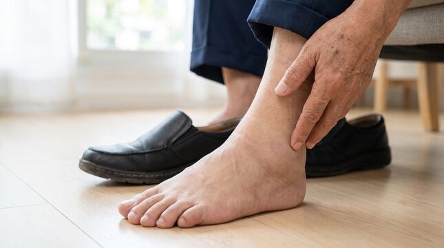 Diabetes care: Older adult examines swollen ankle, highlighting edema and lower-limb complication awareness
