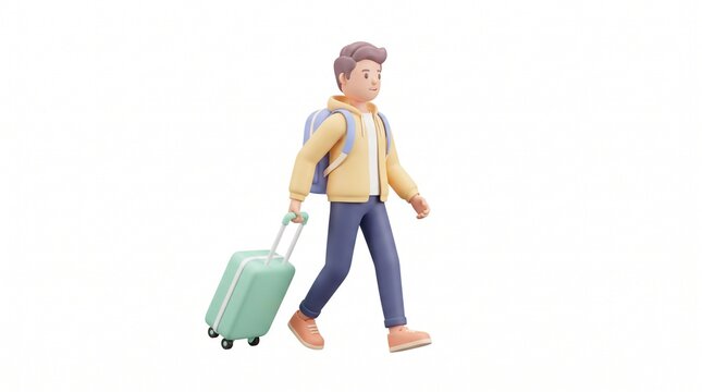3D Character Young Man Walking with Rolling Suitcase and Backpack for Travel Concepts
