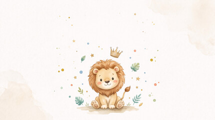Fototapeta premium Cute Watercolor Baby Lion with Golden Crown for Kids Birthday Card