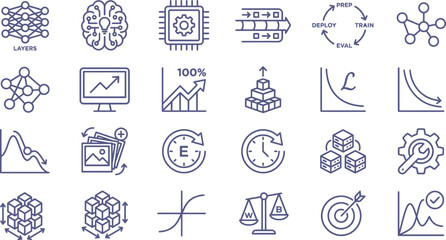 Fototapeta premium Machine learning vector icon set featuring artificial intelligence concepts displayed in a clean linear graphic style