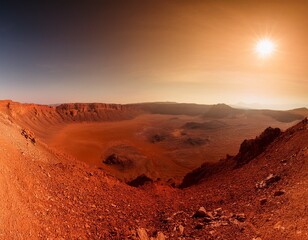 Obraz premium panoramic view of a red martian crater under a hazy sun