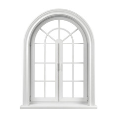 Fototapeta premium Elegant white arched window frame featuring classic architectural design details and sturdy sash construction displayed on transparent background