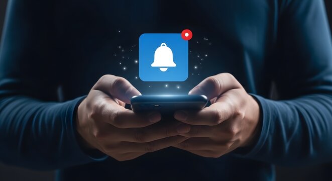 Holographic smartphone notification concept with bell icon