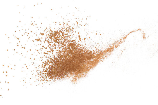 Chocolate ground, pile powder scattered, isolated on white background, top view, clipping path