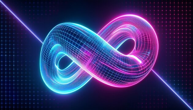 blue and pink glowing torus knot with grid pattern