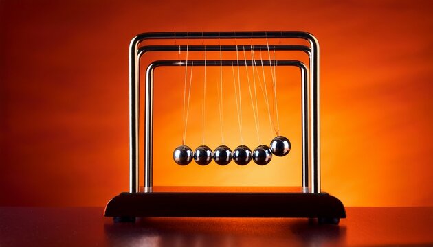 newtonrs cradle with spheres against vivid orange physics background