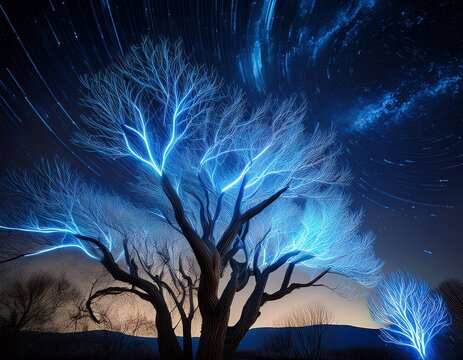 bare tree branches with glowing blue signal waves against starry night sky