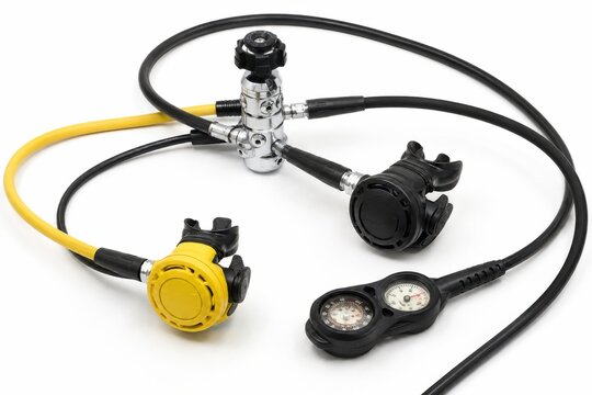 Scuba diving regulator set with yellow primary stage and black secondary octopus on white background
