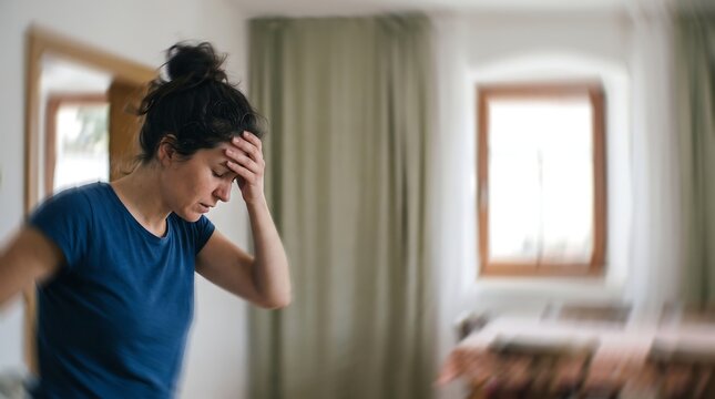 Dizzy woman holding her head suffering from migraine at home