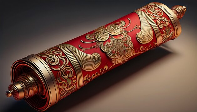 ornate red and gold decorative scroll with metal end caps and torn edges keywords scroll