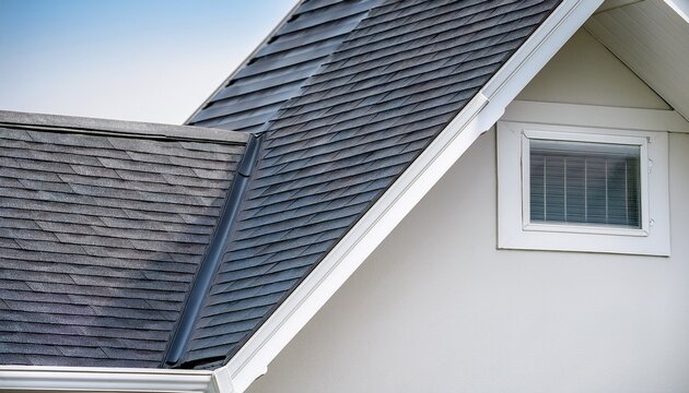 close up of seamless aluminum rain gutter on white house roof exterior