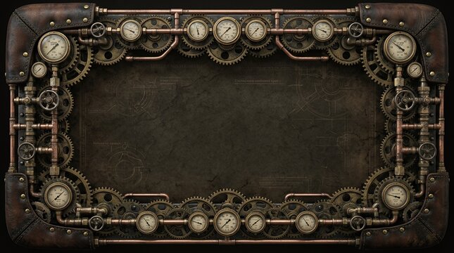 Steampunk industrial frame with brass gears and copper pipes.
