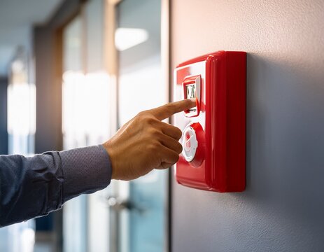 hand pressing emergency alarm button in medical facility hallway for fire medical alert system preparedness concept of safety protocol emergency response plan institutional readiness
