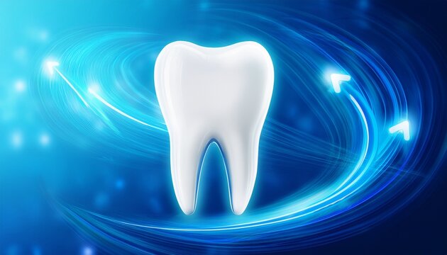 white molar tooth with glowing blue swirl arrows for oral hygiene care background and dental clinic banner design for oral health poster and promotion
