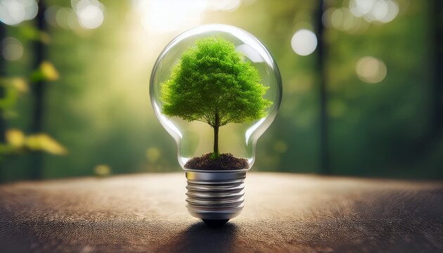 transparent light bulb containing a small green leafy tree stands upright on a textured surface blurred background