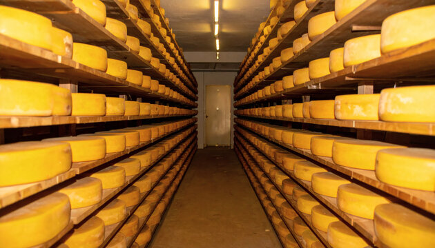 Cheese wheels aging on wooden shelves inside a traditional dairy cellar with yellow round dairy products in long rows